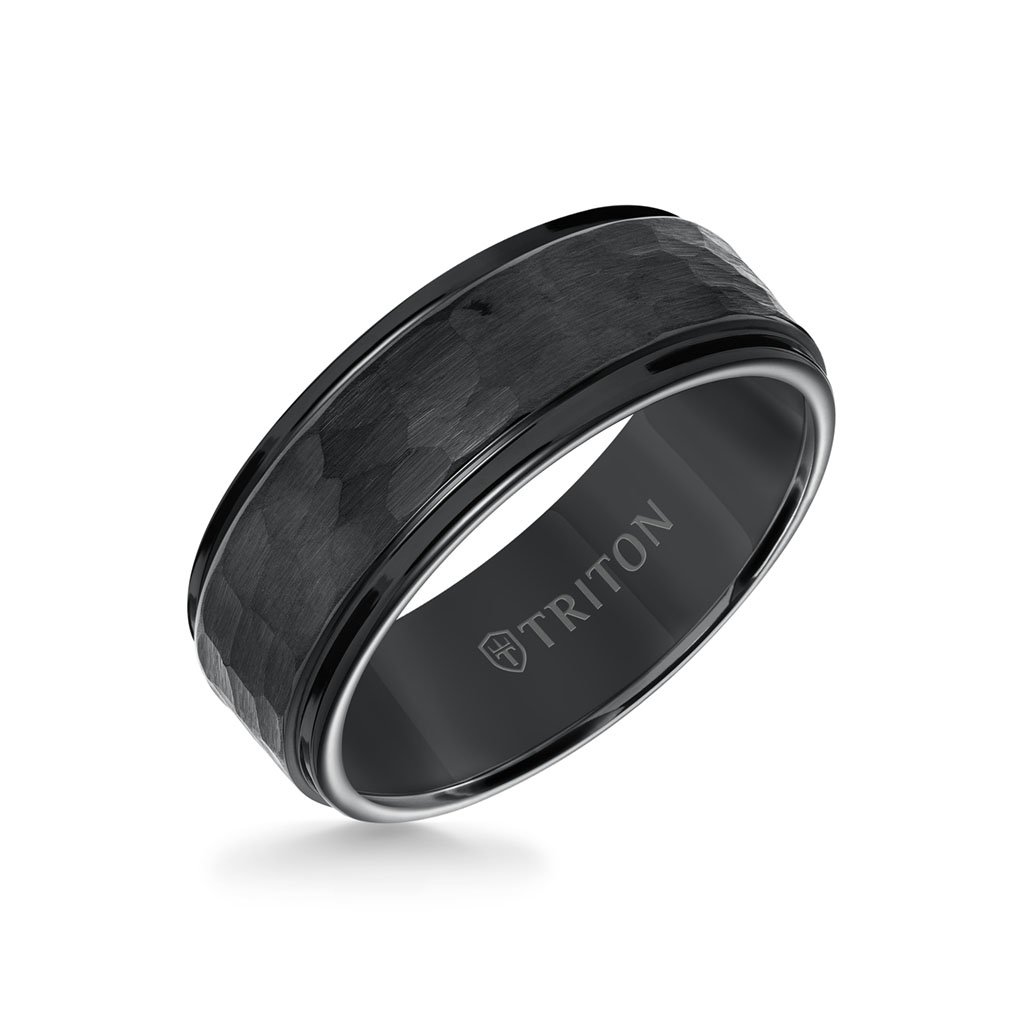 8MM Tungsten Carbide Ring - Hammered Center and Step Edge - 11 
